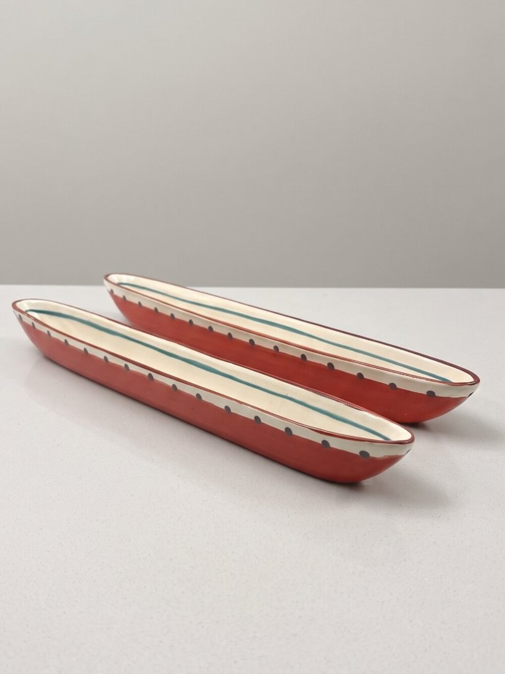 Vintage Mariachi For The Table Ceramic Canoe Bowls Set of 2 Red Polka Dot Dishes